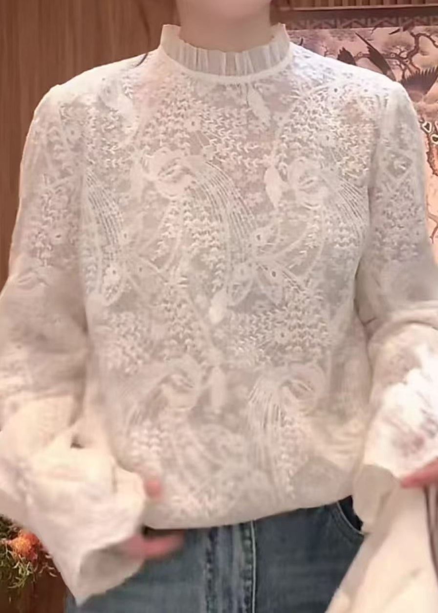 Flare White Fine Sleeve Embroidered Collar Shirts Stand Lace