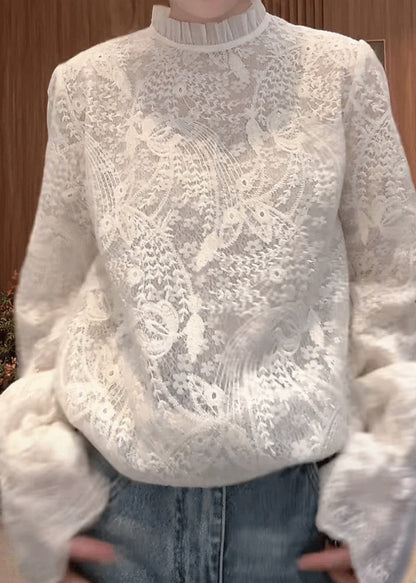 Flare White Fine Sleeve Embroidered Collar Shirts Stand Lace