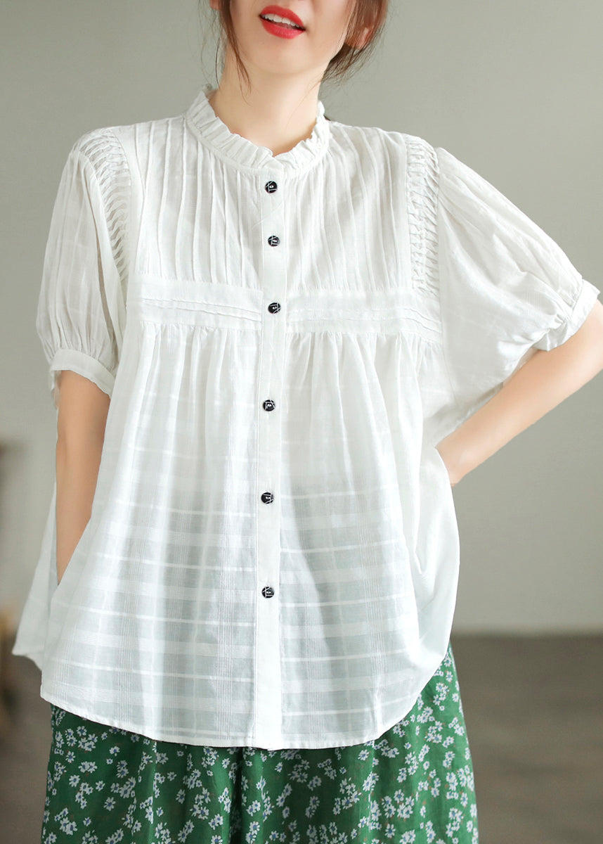 Stand Summer Wrinkled Fine Blouse Cotton Top White Collar