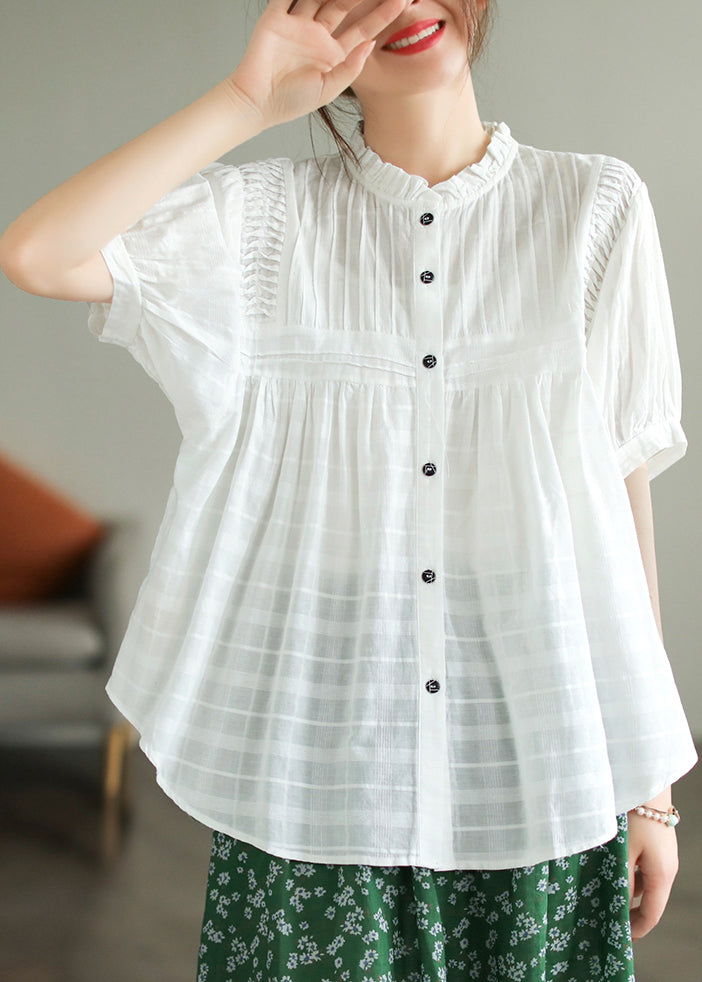 Stand Summer Wrinkled Fine Blouse Cotton Top White Collar