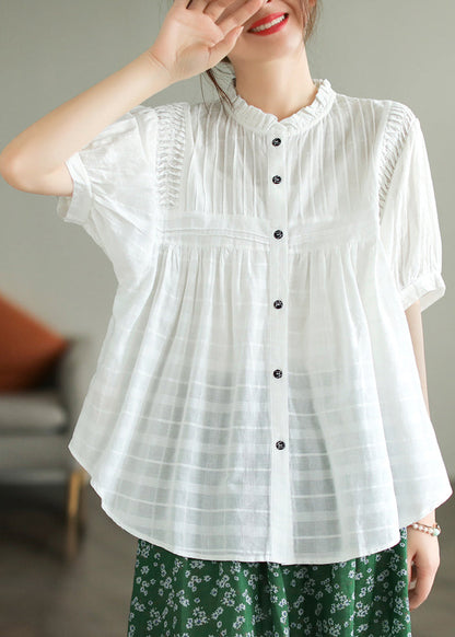 Stand Summer Wrinkled Fine Blouse Cotton Top White Collar
