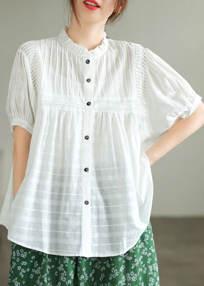 Stand Summer Wrinkled Fine Blouse Cotton Top White Collar