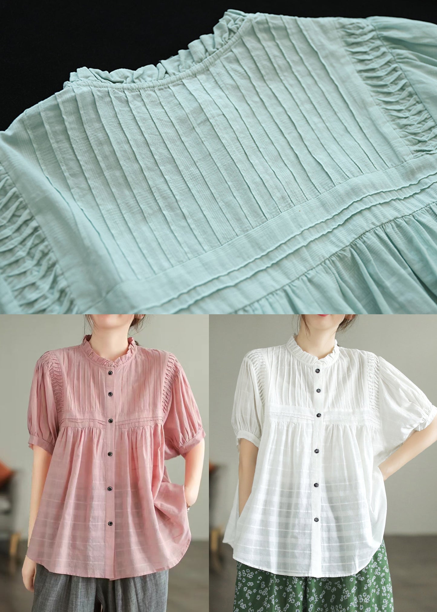 Stand Summer Wrinkled Fine Blouse Cotton Top White Collar