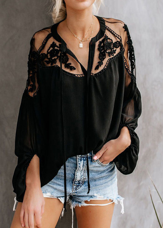 White Lace V Patchwork Shirt Fine Neck Fall