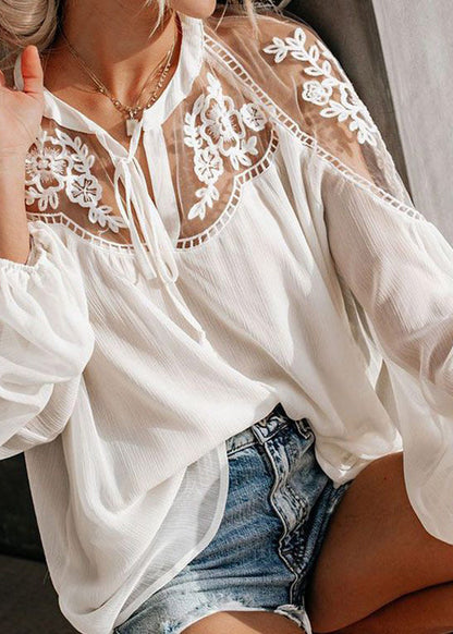 White Lace V Patchwork Shirt Fine Neck Fall