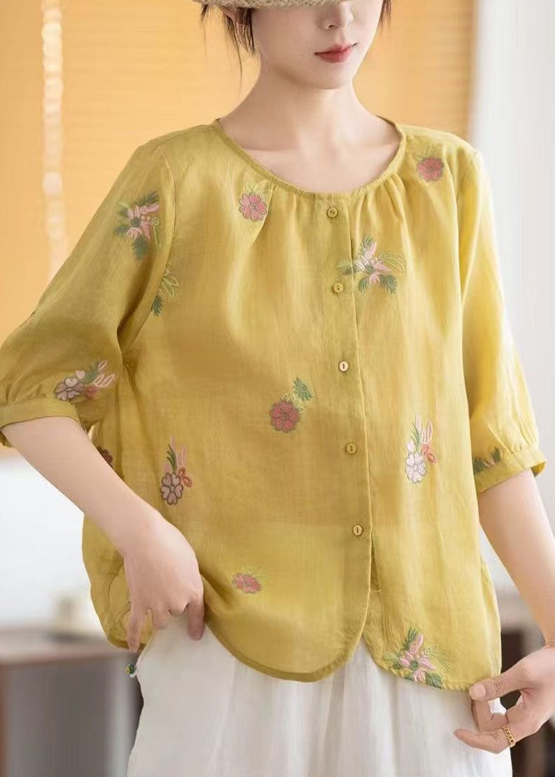 Embroidered Summer Tops Yellow Fine Linen O-Neck