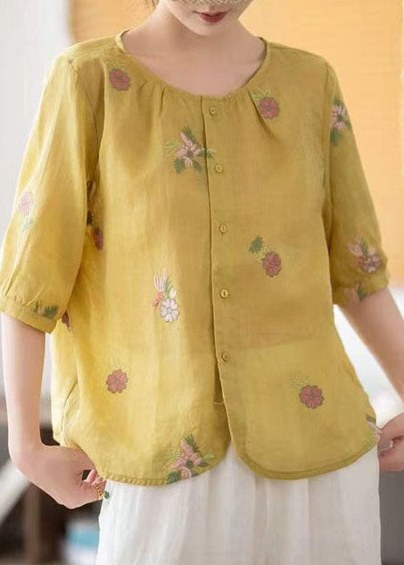 Embroidered Summer Tops Yellow Fine Linen O-Neck
