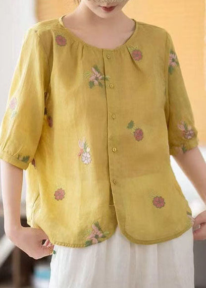 Embroidered Summer Tops Yellow Fine Linen O-Neck