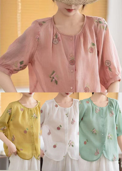Embroidered Summer Tops Yellow Fine Linen O-Neck