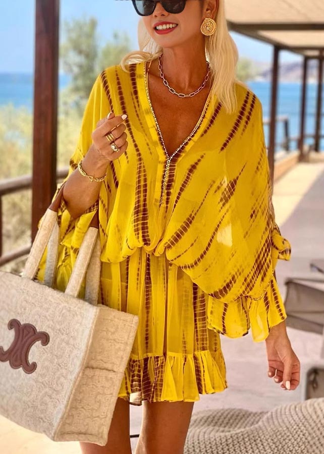 Beach Dress Chiffon Sleeve Batwing Zircon Fine Print Yellow