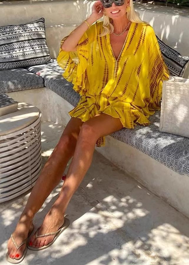 Beach Dress Chiffon Sleeve Batwing Zircon Fine Print Yellow