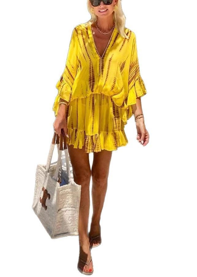 Beach Dress Chiffon Sleeve Batwing Zircon Fine Print Yellow