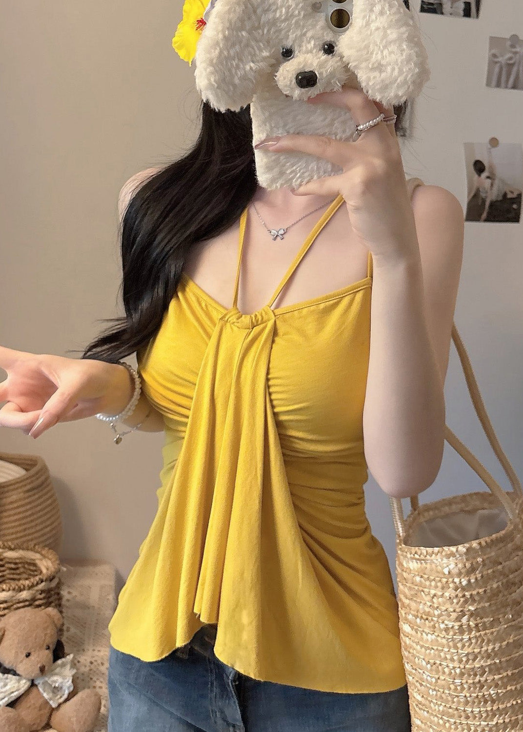 Silm Halter Fit Yellow Summer Cotton Tops Fine