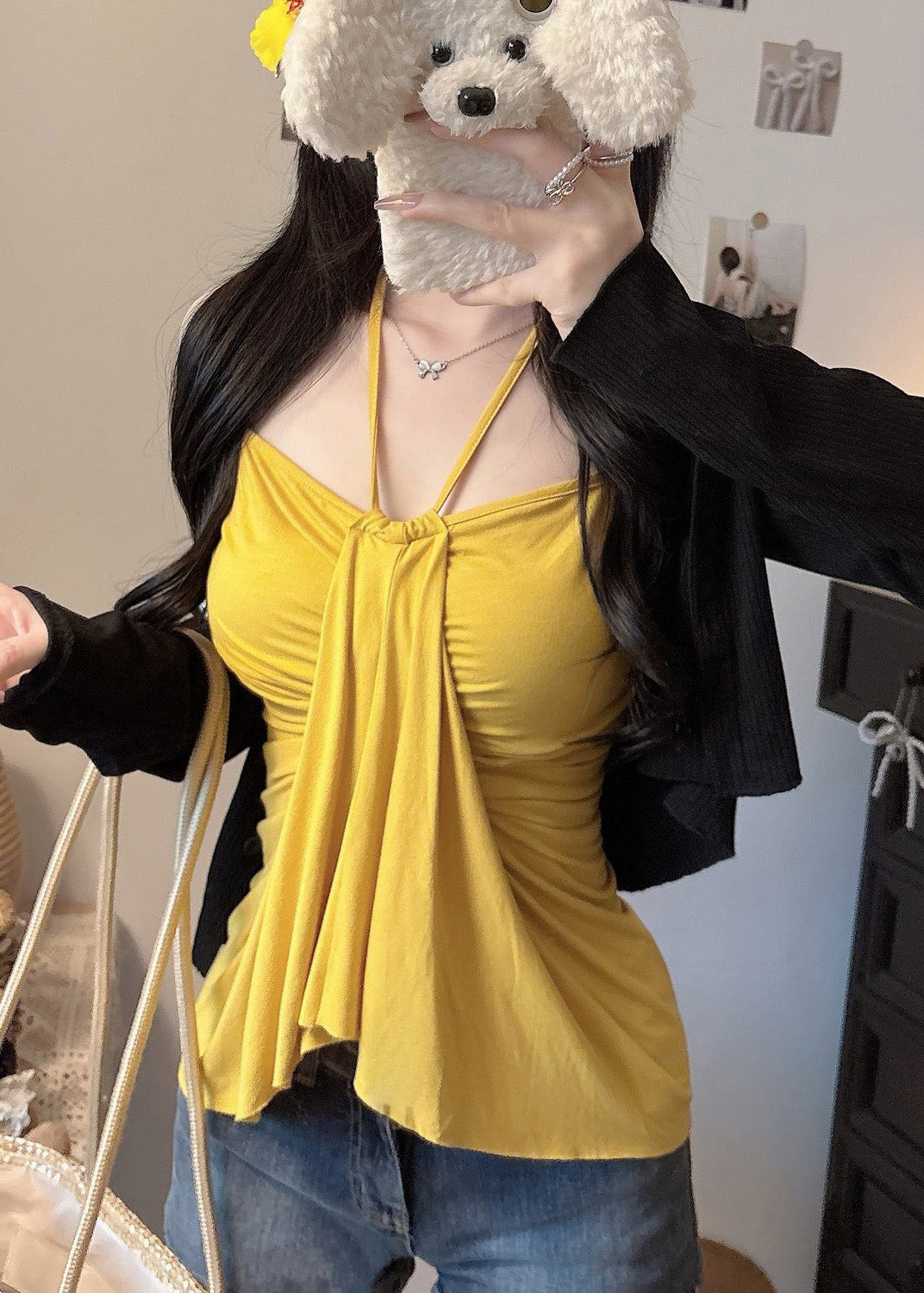 Silm Halter Fit Yellow Summer Cotton Tops Fine