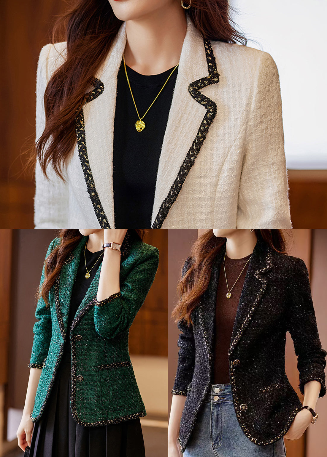 Fitted Black Notched Patchwork Woolen Coats Spring YJ050