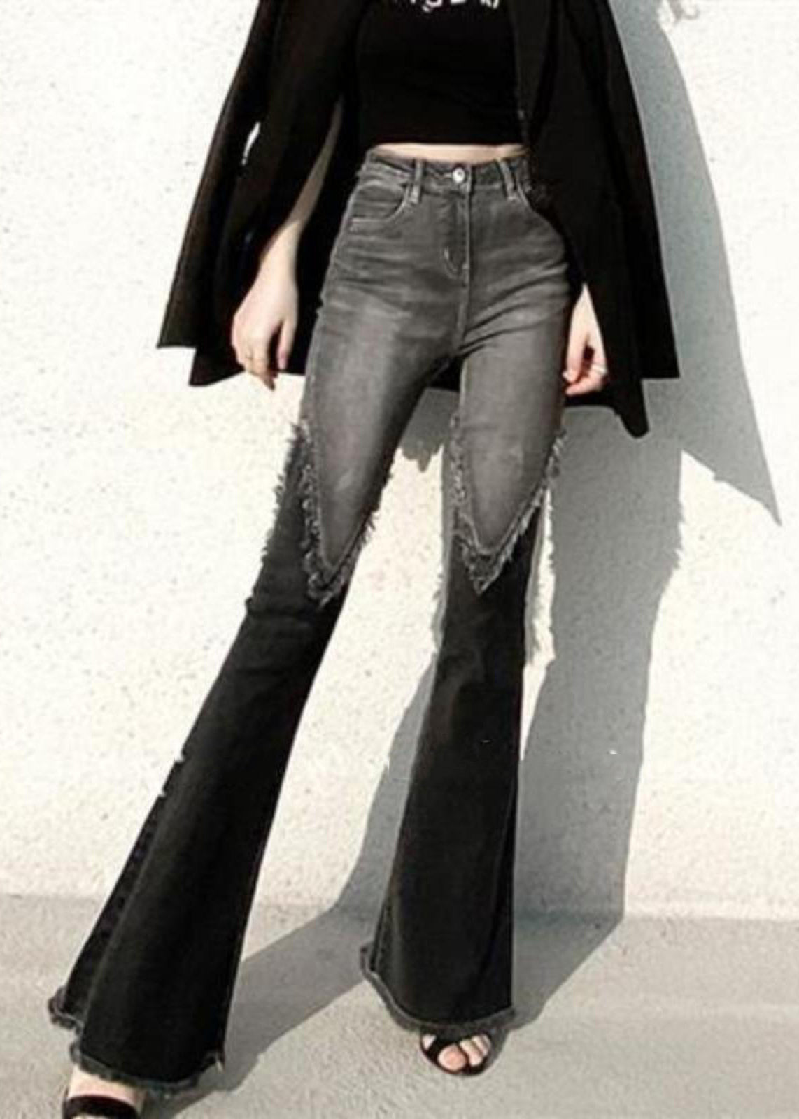 Fitted Black Tasseled Patchwork Denim Flare Bottom Spring YF033