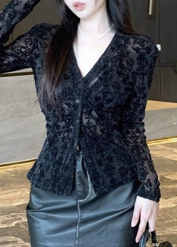 Flocking Top Fitted Spring V Neck Black Lace