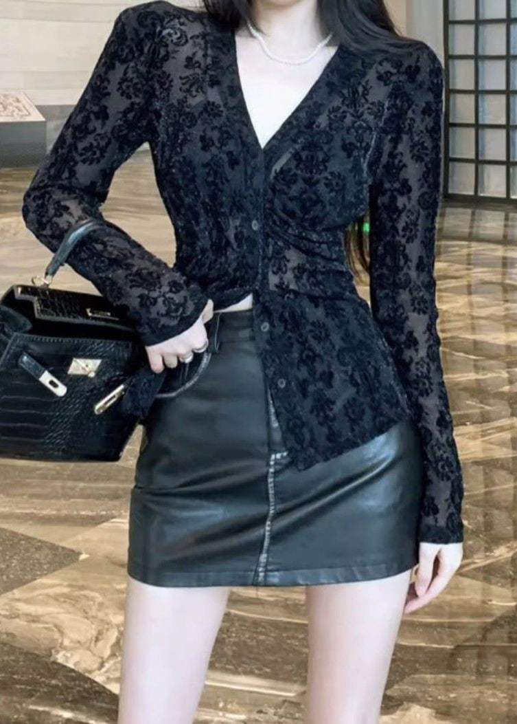 Flocking Top Fitted Spring V Neck Black Lace