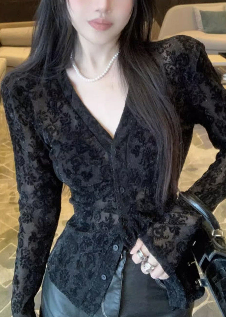 Flocking Top Fitted Spring V Neck Black Lace
