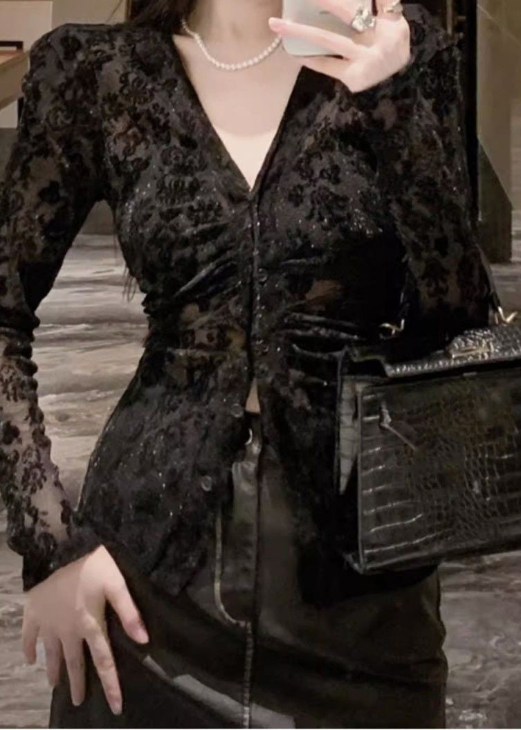 Flocking Top Fitted Spring V Neck Black Lace