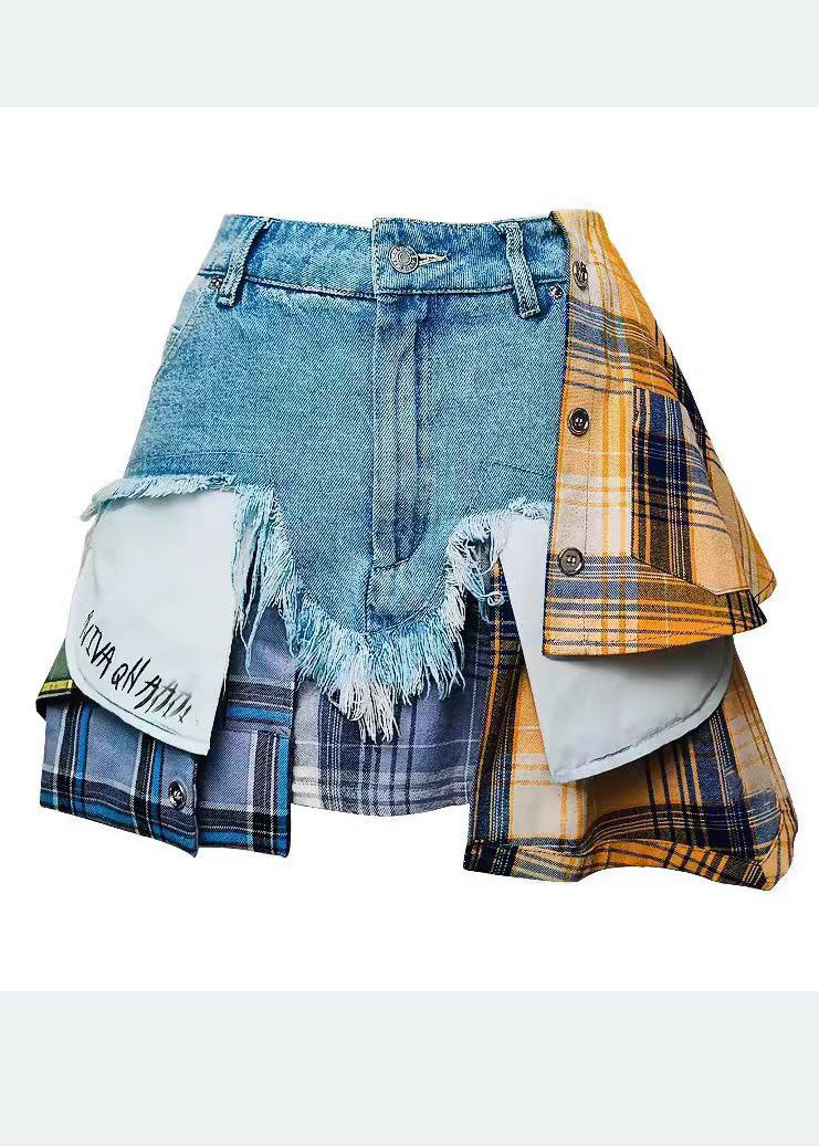 Blue Denim Skirts Summer Patchwork Fitted Asymmetrical