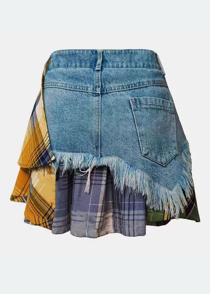 Blue Denim Skirts Summer Patchwork Fitted Asymmetrical