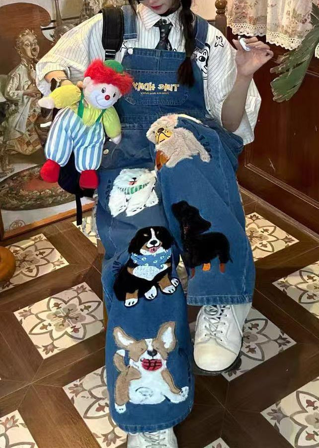 Animals Blue Jumpsuit Summer Denim Cute Oversized Fitted