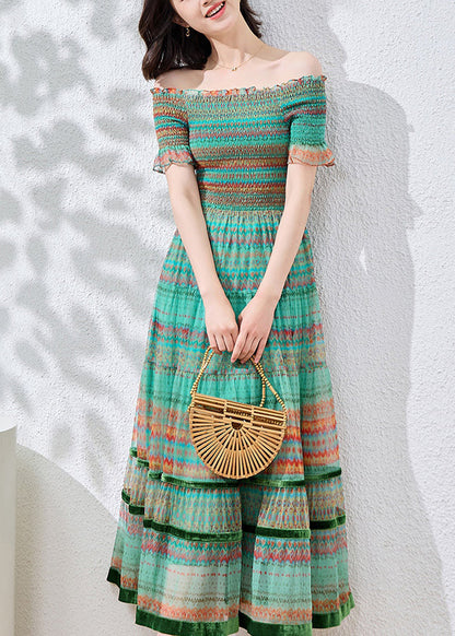 Blue Patchwork Dresses Cotton Summer Fitted Ruffled Print