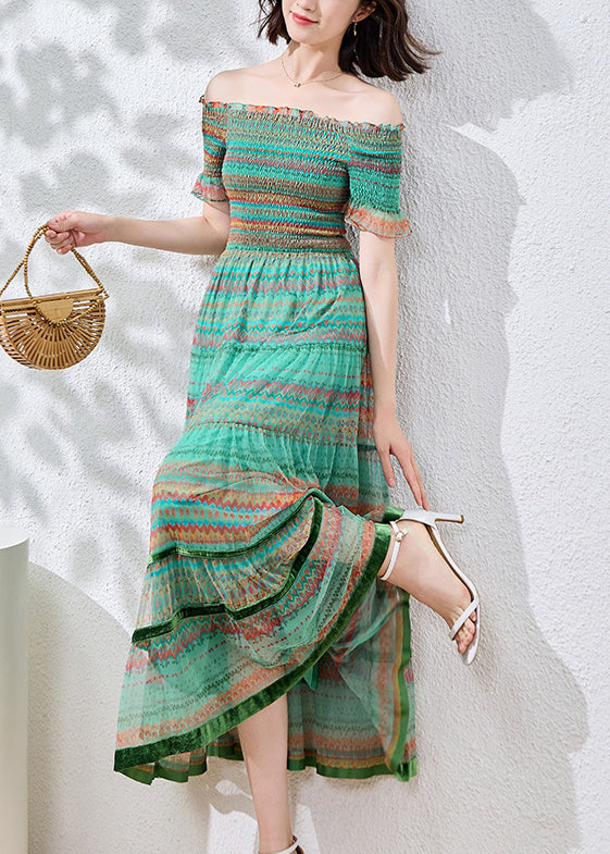 Blue Patchwork Dresses Cotton Summer Fitted Ruffled Print