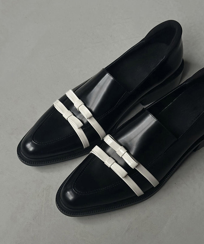 Splicing Toe Pointed Fitted Bow Leather Chunky Black Cowhide