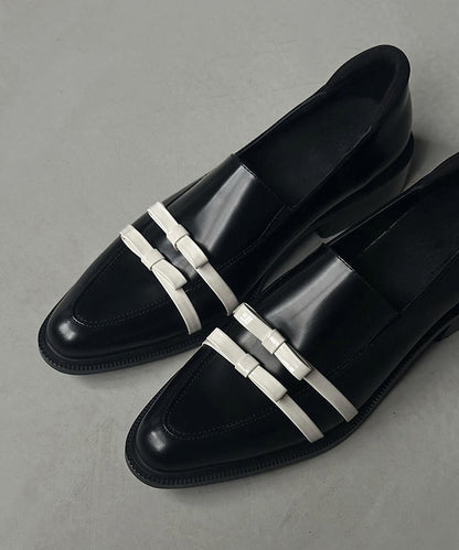 Splicing Toe Pointed Fitted Bow Leather Chunky Black Cowhide