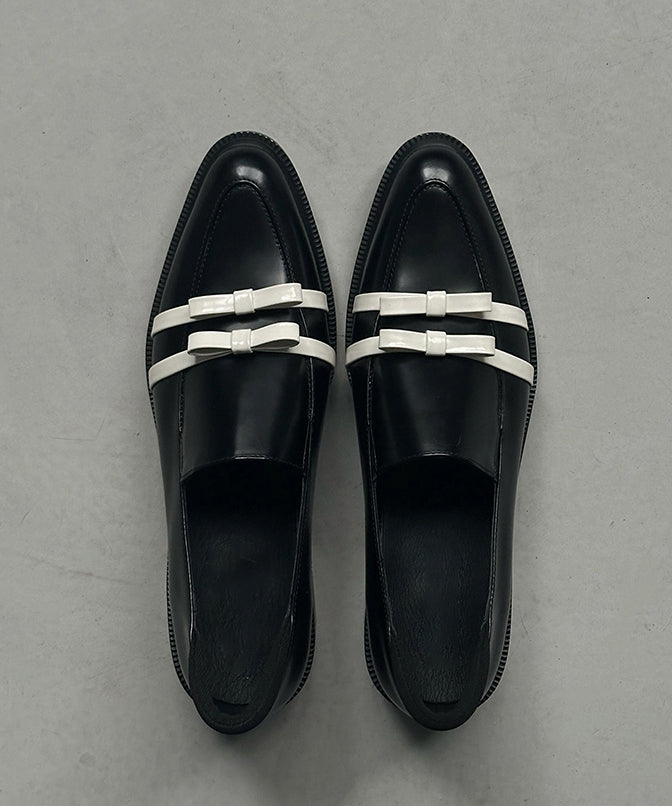 Splicing Toe Pointed Fitted Bow Leather Chunky Black Cowhide