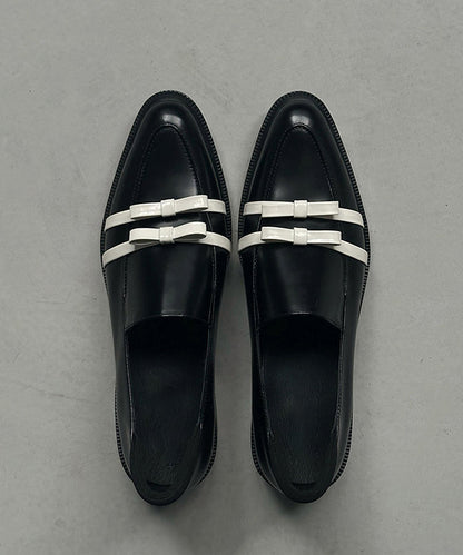 Splicing Toe Pointed Fitted Bow Leather Chunky Black Cowhide