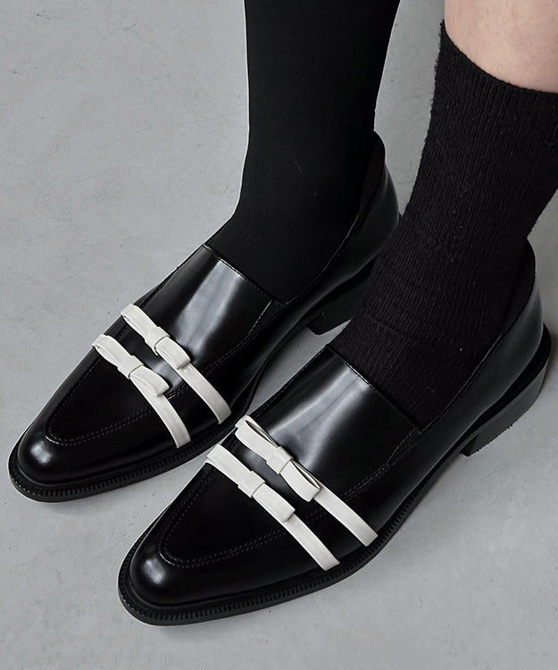 Splicing Toe Pointed Fitted Bow Leather Chunky Black Cowhide