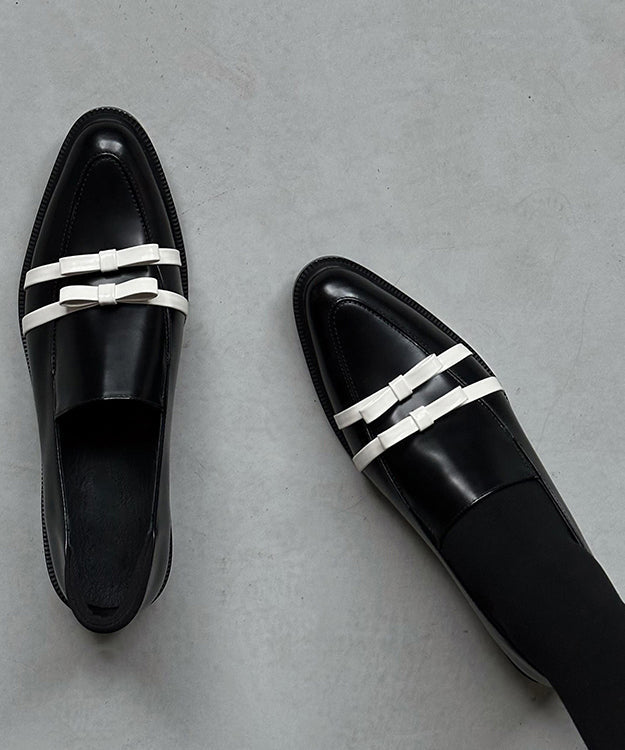 Splicing Toe Pointed Fitted Bow Leather Chunky Black Cowhide