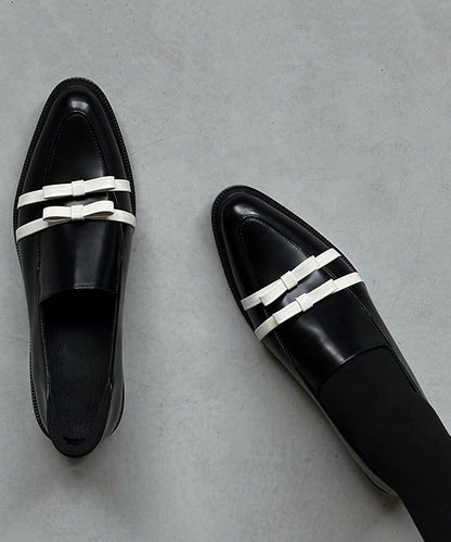 Splicing Toe Pointed Fitted Bow Leather Chunky Black Cowhide