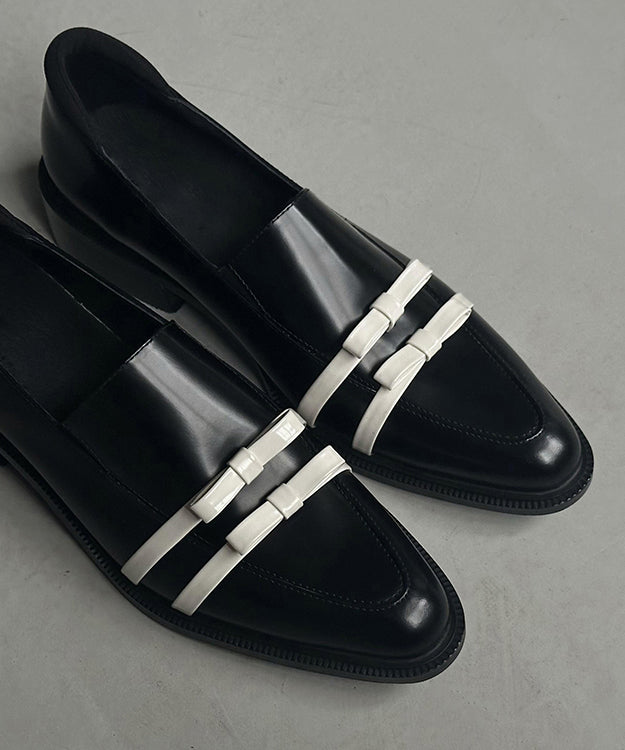 Splicing Toe Pointed Fitted Bow Leather Chunky Black Cowhide