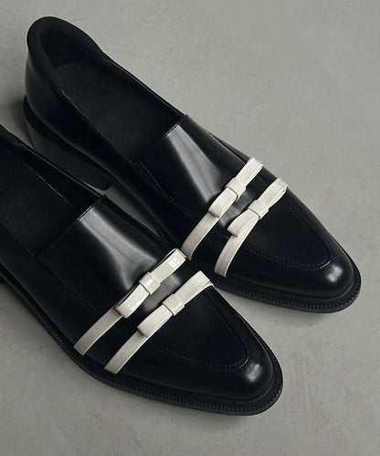 Splicing Toe Pointed Fitted Bow Leather Chunky Black Cowhide