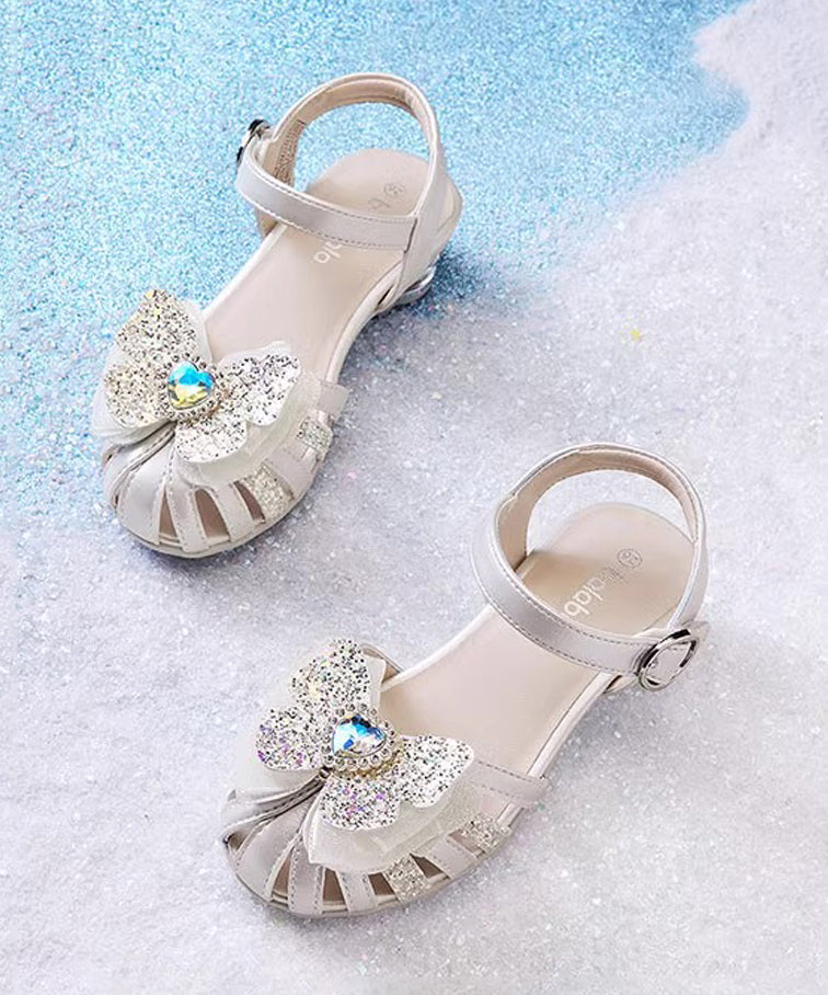 Silver Fitted Leather Girls Buckle Sandals Strap Kids Zircon Faux