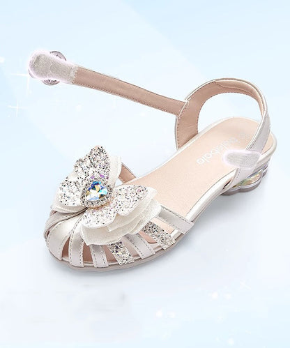 Silver Fitted Leather Girls Buckle Sandals Strap Kids Zircon Faux