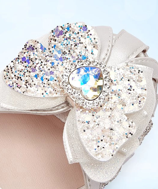 Silver Fitted Leather Girls Buckle Sandals Strap Kids Zircon Faux