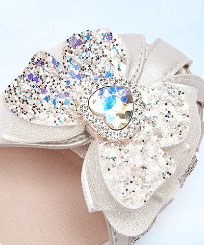 Silver Fitted Leather Girls Buckle Sandals Strap Kids Zircon Faux