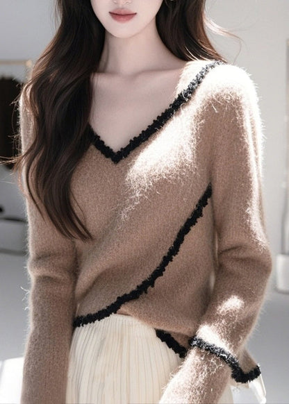 Fitted Coffee V Neck Lace Patchwork Knit Pullover Spring TO010