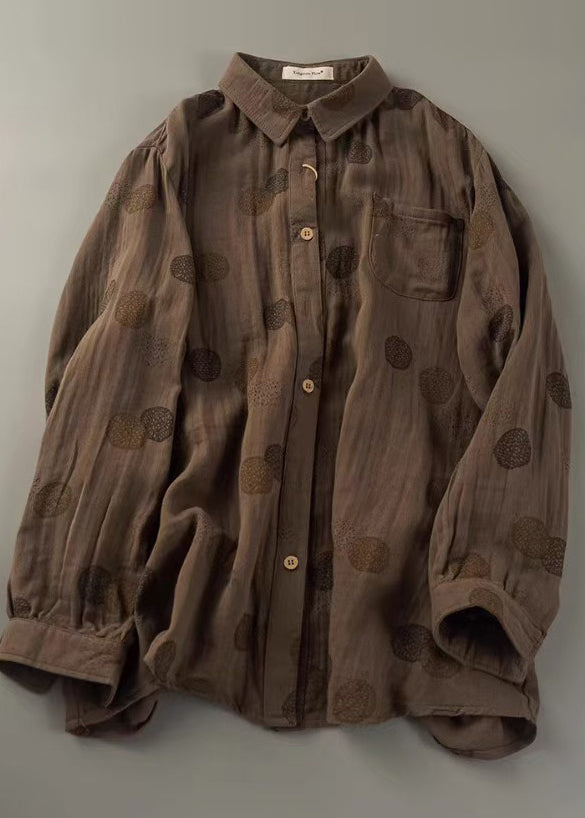 Tops Oversized Spring Orange Cotton Print Shirt Fitted