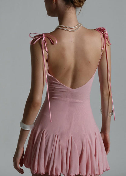 Backless Fitted Mini Lace Patchwork Summer Up Dresses Pink Tulle