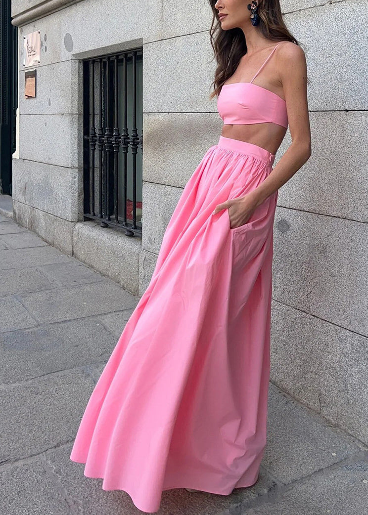 Cotton Pink Tops Fit Sets Skirts And Silm Fitted Women Strapless