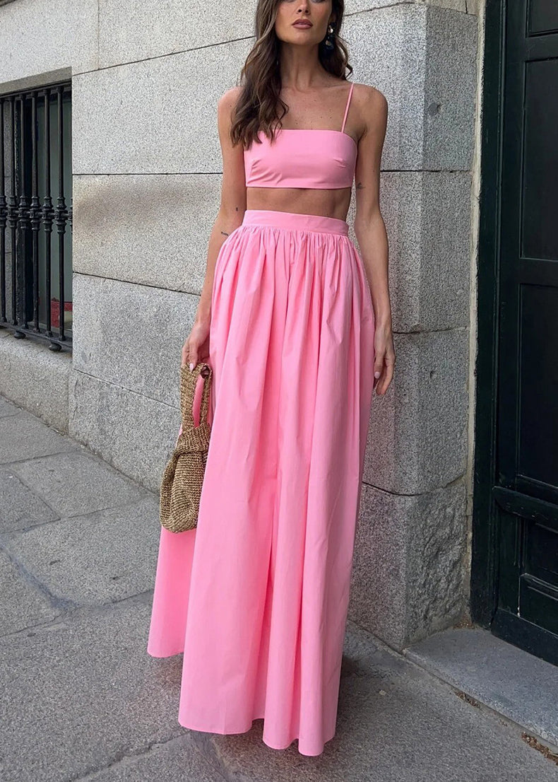 Cotton Pink Tops Fit Sets Skirts And Silm Fitted Women Strapless