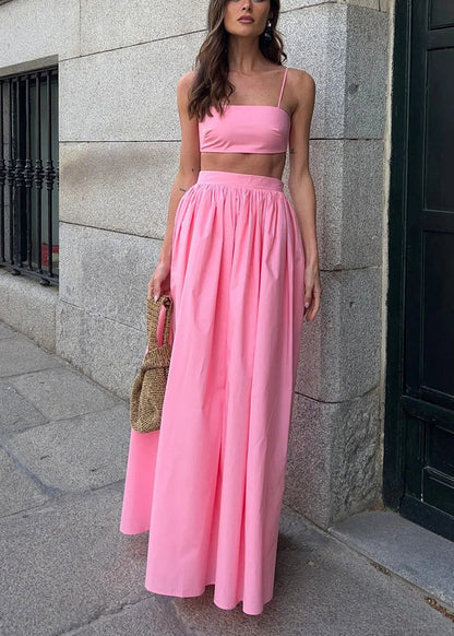 Cotton Pink Tops Fit Sets Skirts And Silm Fitted Women Strapless