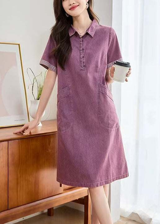 Pan Denim Peter Fitted Pockets Summer Purple Day Dress Collar