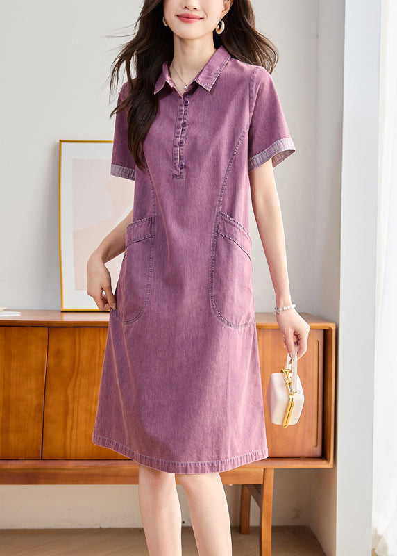Pan Fitted Peter Day Collar Summer Dress Denim Purple Pockets